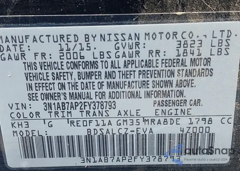 2015 Nissan Sentra S/Sv/Sr/Sl from USA, damaged, VIN 3N1AB7AP2FY378793